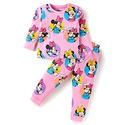 Babyhug Disney Single Jersey Knit Full Sleeves Minnie Mouse Printed Night Suit - Pink