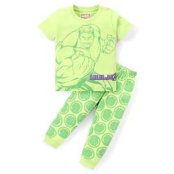 Babyhug Marvel Single Jersey Knit  Half Sleeves Night Suit with Hulk Graphics -Light Green