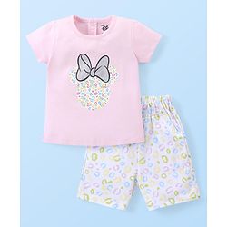 Babyhug Disney Single Jersey Knit Half Sleeves Night Suit With Foil Print & Minnie Mouse Graphics - Pink