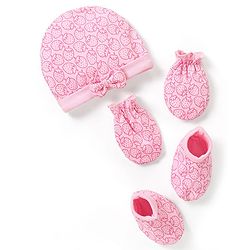 Babyhug 100% Cotton Cap Mittens & Booties Set Strawberry Print - Pink