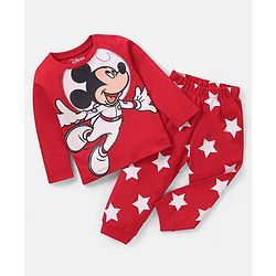 Babyhug Disney Single Jersey Knit  Full Sleeve Night Suit with Mickey Mouse Graphics - Red