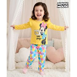 Babyhug Disney Single Jersey Knit Full Sleeves Night Suit with Frill Detailing & Minnie Mouse Graphics - Yellow