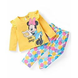 Babyhug Disney Single Jersey Knit Full Sleeves Night Suit with Frill Detailing & Minnie Mouse Graphics - Yellow