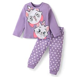 Babyhug Disney Cotton Knit Full Sleeves Night Suit With Marie Print - Purple