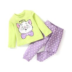 Babyhug Disney Single Jersey Full Sleeve Night Suit With Marie Graphics - Green & Purple