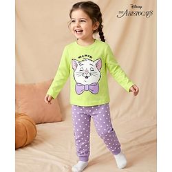 Babyhug Disney Single Jersey Full Sleeve Night Suit With Marie Graphics - Green & Purple