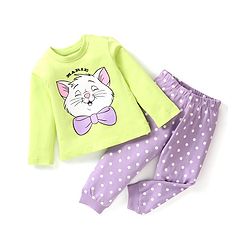Babyhug Disney Single Jersey Full Sleeve Night Suit With Marie Graphics - Green & Purple