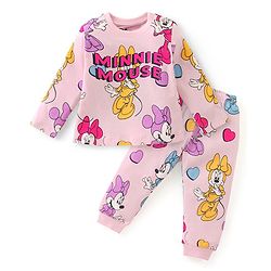 Babyhug Disney Single Jersey Knit Full Sleeves Night Suit with Minnie Mouse & Text  Graphics - Pink