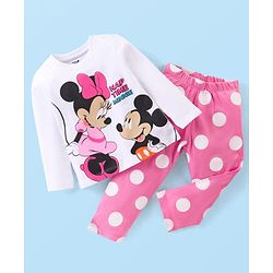 Babyhug Disney Cotton Full Sleeves Night Suit WIth Minnie And Mickey Mouse Print - White & Pink