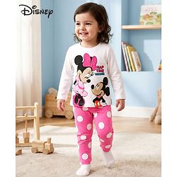 Babyhug Disney Cotton Full Sleeves Night Suit WIth Minnie And Mickey Mouse Print - White & Pink