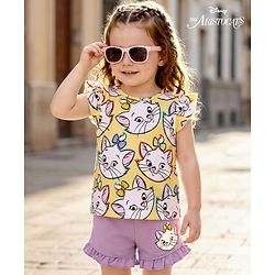 Babyhug Disney Cotton Knit Half Sleeves Top & Mid Length Shorts Set With Marie Graphics - Multicolor