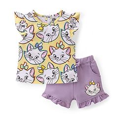 Babyhug Disney Cotton Knit Half Sleeves Top & Mid Length Shorts Set With Marie Graphics - Multicolor