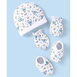 Babyhug 100% Cotton Cap Mittens & Booties Set Teddy Print - White