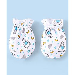 Babyhug 100% Cotton Cap Mittens & Booties Set Teddy Print - White