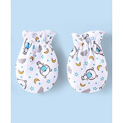 Babyhug 100% Cotton Cap Mittens & Booties Set Teddy Print - White