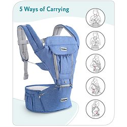 Babyhug Cherish 5-in-1 Hip Seat Baby Carrier:  Ergonomic design with padded straps, Breathable fabric, Foldable head support, storage pockets, and 5 carrying positions for babies up to 15 kg-Grey