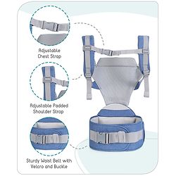 Babyhug Cherish 5-in-1 Hip Seat Baby Carrier:  Ergonomic design with padded straps, Breathable fabric, Foldable head support, storage pockets, and 5 carrying positions for babies up to 15 kg-Grey