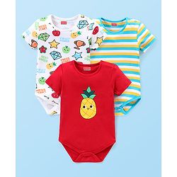 Babyhug 100% Cotton Knit Half Sleeves Onesies with Stripes & Watermelon Print Pack of 3 - Red Yellow & White
