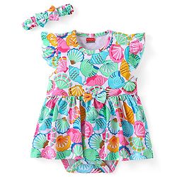 Babyhug 100% Cotton Frill Sleeves Onesie with Headband Sea Shells Print - Multicolour