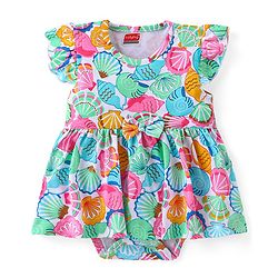 Babyhug 100% Cotton Frill Sleeves Onesie with Headband Sea Shells Print - Multicolour