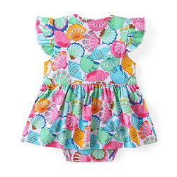 Babyhug 100% Cotton Frill Sleeves Onesie with Headband Sea Shells Print - Multicolour