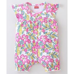 Babyhug 100% Cotton Knit Cap Sleeves Romper Floral Print - Multicolor