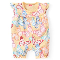 Babyhug 100% Cotton Knit Cap Sleeves Romper Butterfly Print - Yellow