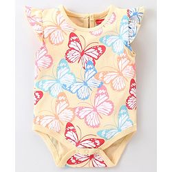 Babyhug 100% Cotton Knit Frill Sleeves Butterfly Printed Onesie - Yellow