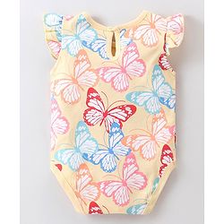 Babyhug 100% Cotton Knit Frill Sleeves Butterfly Printed Onesie - Yellow