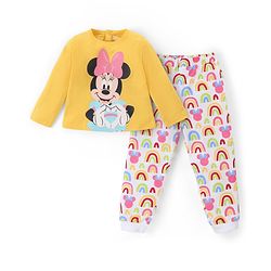 Babyhug Disney Single Jersey Knit Full Sleeves Night Suit with Minnie Mouse Graphics - White & Yellow
