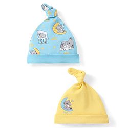 Babyhug 100% Cotton Cap With Bear Print Pack of 2 - Blue & Yellow