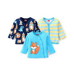 Babyhug 100% Cotton Full Sleeves Front Open Vest Striped & Animal Print Pack of 3 - Multicolour