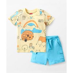 Babyhug Cotton Knit Half Sleeves Summer Theme Printed T-Shirt & Shorts Set - Blue & Yellow