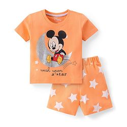 Babyhug Disney Cotton Knit Half Sleeves Night Suit With Mickey Mouse Print - Orange