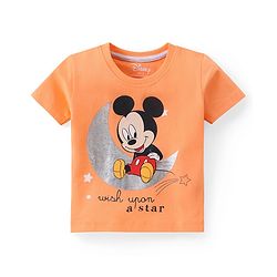 Babyhug Disney Cotton Knit Half Sleeves Night Suit With Mickey Mouse Print - Orange