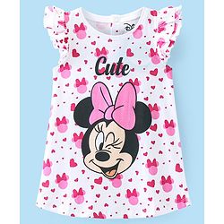 Babyhug Disney Cotton Knit Frill Sleeves Nighty With Minnie Mouse Graphics - White