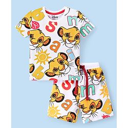 Babyhug Disney Cotton Knit Half Sleeves T-Shirt & Shorts Set With Lion King Graphics - White