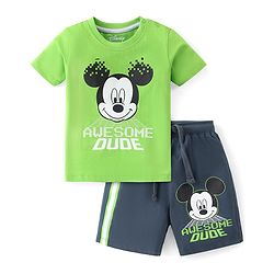 Babyhug Disney Cotton Knit Half Sleeves T-Shirt & Shorts Set With Mickey Mouse Print - Green & Blue