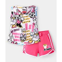 Babyhug Disney Cotton Knit Sleeveless Top & Shorts Set With Minnie Mouse Graphics & Knot Detailing - Multicolor