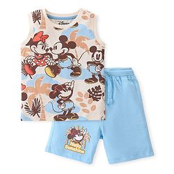 Babyhug Disney Cotton Knit Sleeveless T-Shirt & Shorts Set With Mickey & Minnie Mouse Print - Multicolor