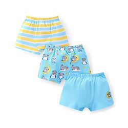 Babyhug 100% Cotton Knit Trunk with Stripes & Bear Print Pack of 3 - Blue Yellow & White