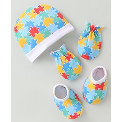 Babyhug 100% Cotton Cap Mittens & Booties Set Puzzle Print - Multicolour