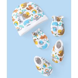 Babyhug Interlock Cotton Knit Cap Mittens And Booties Animal Design - White