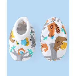 Babyhug Interlock Cotton Knit Cap Mittens And Booties Animal Design - White