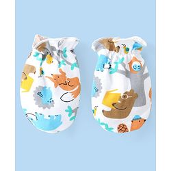 Babyhug Interlock Cotton Knit Cap Mittens And Booties Animal Design - White