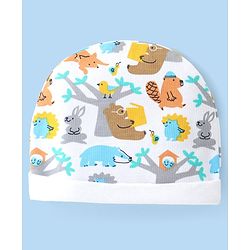 Babyhug Interlock Cotton Knit Cap Mittens And Booties Animal Design - White