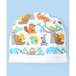 Babyhug Interlock Cotton Knit Cap Mittens And Booties Animal Design - White