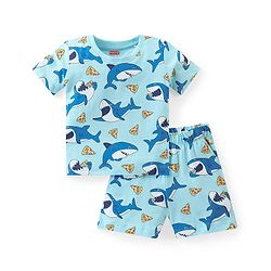 Babyhug Cotton Knit Half Sleeves Night Suit Shark Print - Blue