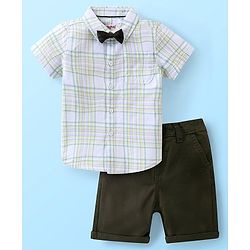 Babyhug Cotton Woven Half Sleeves Checkered Shirt & Shorts Set with Bow  - Green