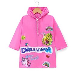 Babyhug Full Sleeves Below Knee Length Hooded Raincoat with Barbie Print - Fuschia